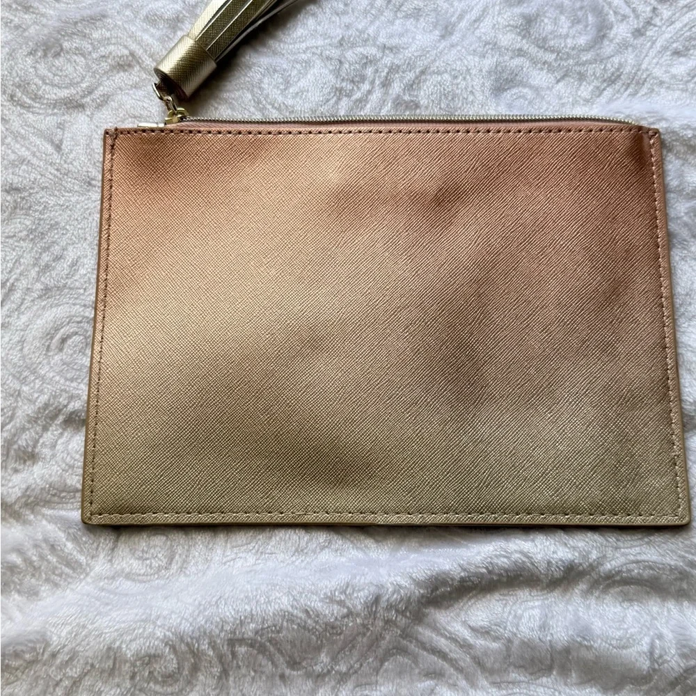 Michael Kors Rose Gold Zip Clutch Wristlet Metallic Saffiano Pouch